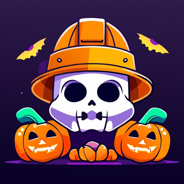 Vector esqueleto de halloween cráneo de calabaza dibujado a mano plano elegante pegatina de dibujos animados icono concepto aislado