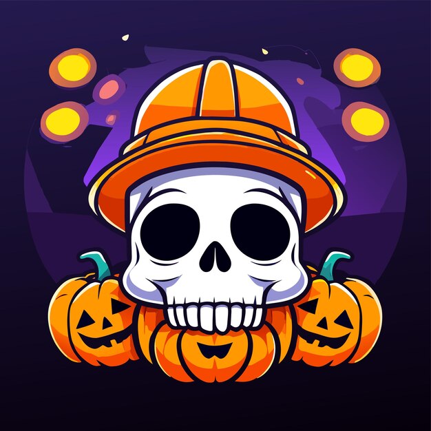 Vector esqueleto de halloween cráneo de calabaza dibujado a mano plano elegante pegatina de dibujos animados icono concepto aislado