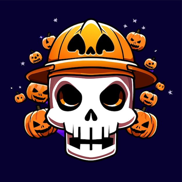 Esqueleto de Halloween cráneo de calabaza dibujado a mano plano elegante pegatina de dibujos animados icono concepto aislado