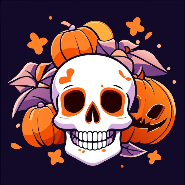 Vector esqueleto de halloween cráneo de calabaza dibujado a mano plano elegante pegatina de dibujos animados icono concepto aislado