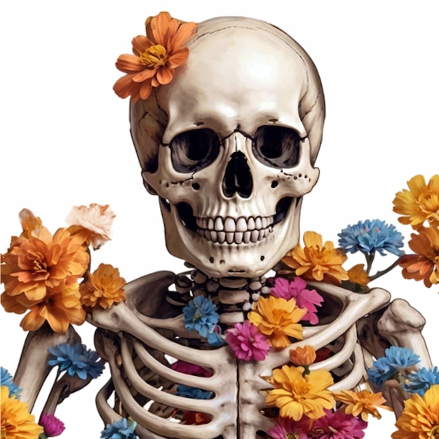 Esqueleto humano decorado con flores de primavera que simbolizan la dualidad de la vida y la muerte arte vectorial