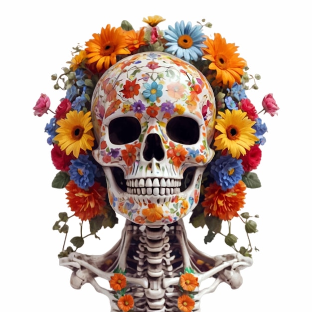 Vector esqueleto humano decorado con hermosas flores que simbolizan la dualidad de la vida y la muerte