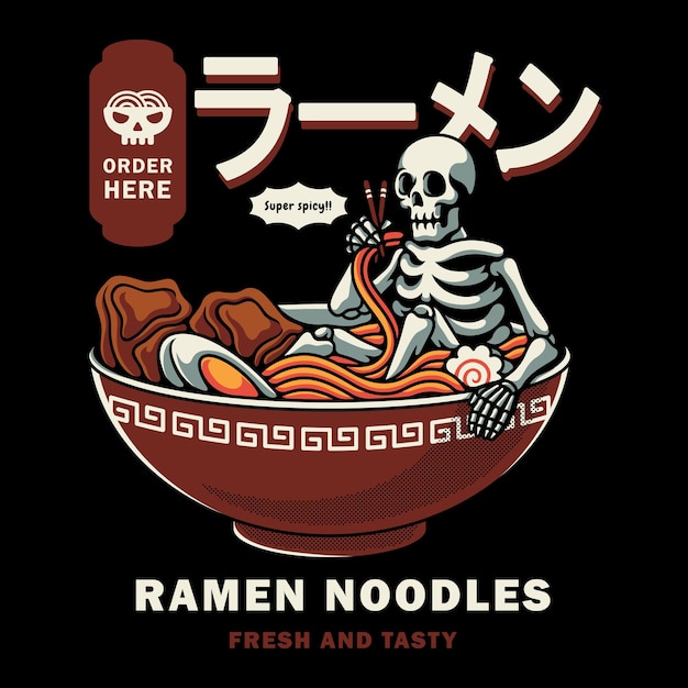 Esqueleto de ilustración vectorial relajante en un tazón de ramen