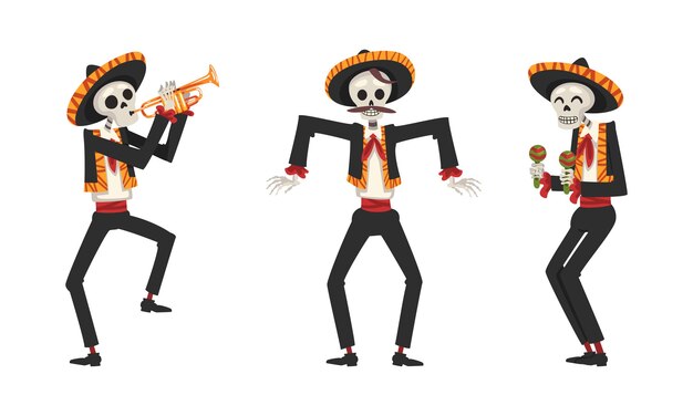 Esqueleto mexicano con sombrero tocando un instrumento musical y un conjunto vectorial de baile