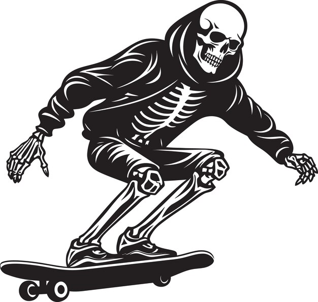 un esqueleto en una patineta con un cráneo y huesos en él