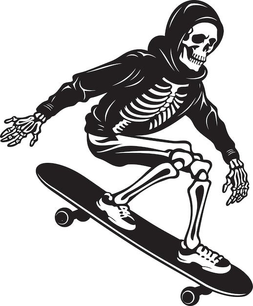 un esqueleto en una patineta con un esqueleta en él