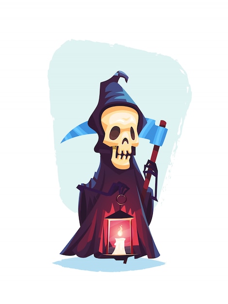 Esqueleto de personaje de muerte con una guadaña ilustración de dibujos animados de halloween