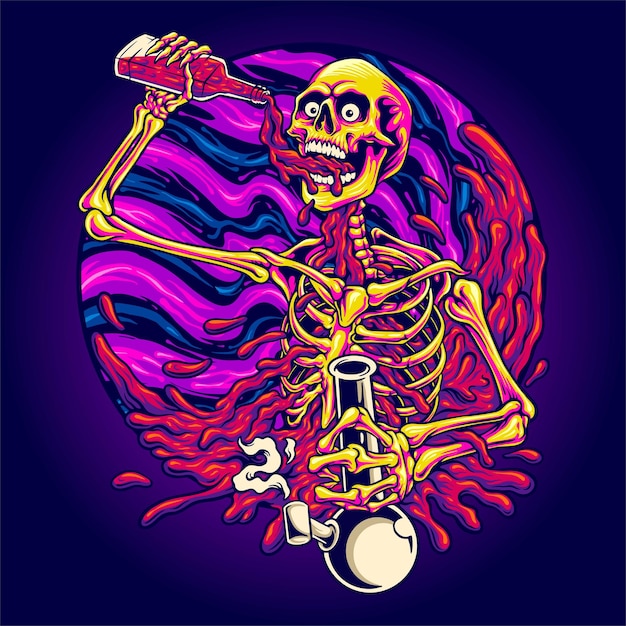 Vector esqueleto psicodélico borracho trippy ilustración