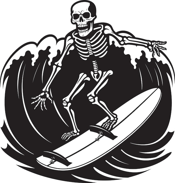 Vector un esqueleto en una tabla de surf en una imagen en blanco y negro