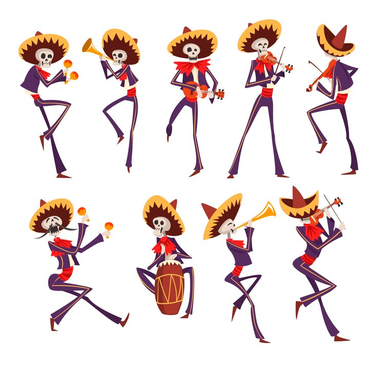 Vector esqueleto en trajes nacionales mexicanos bailando tocando violín trompeta tambor dia de muertos día de los muertos vector ilustraciones aisladas sobre un fondo blanco