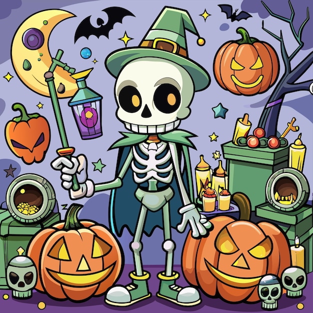 Vector un esqueleto vestido con un disfraz de halloween con una calabaza y una calabazas en él