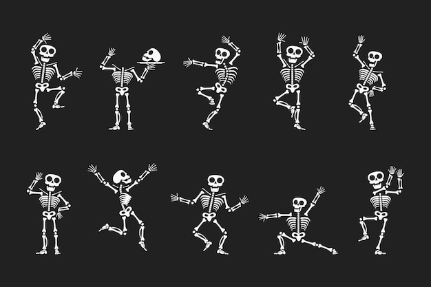 Esqueletos bailando con diferentes posiciones diseño de estilo plano conjunto de ilustraciones vectoriales