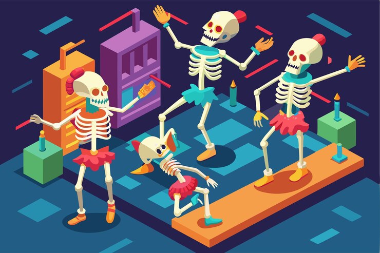 Vector esqueletos coloridos con tutus bailan alegremente juntos en un peculiar estudio de danza isométrico rodeado de decoraciones lúdicas y velas iluminadas
