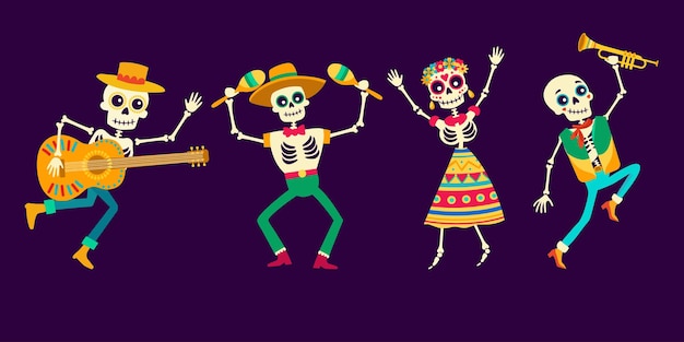 Los esqueletos danzantes dia de los muertos fiesta del día de los muertos cráneo de azúcar cinco de mayo conjunto mexicano de vec