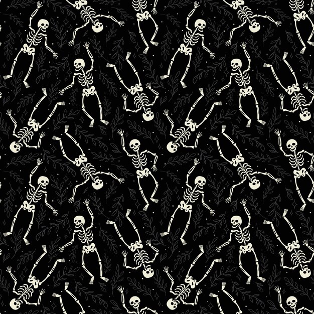 Esqueletos felices bailando sobre fondo negro con hojas y estrellas Patrón sin fisuras