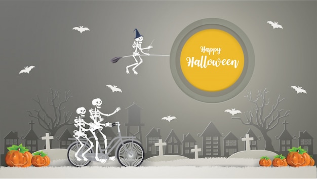 Vector los esqueletos que montan una escoba en el cielo y los esqueletos que montan bicicleta en la hierba gris van de fiesta. concepto de feliz halloween.