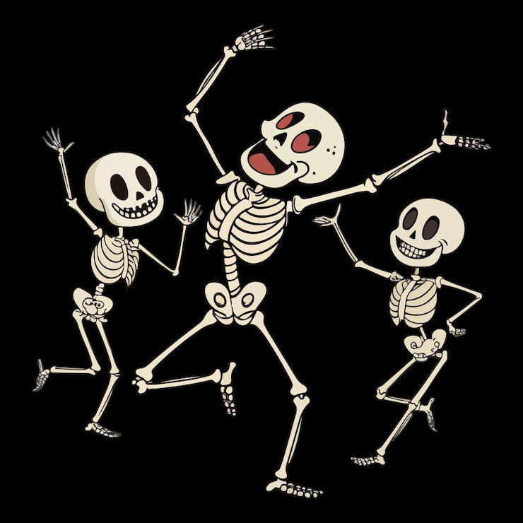 Vector esqueletos vintage de halloween bailando con media luna y estrellas