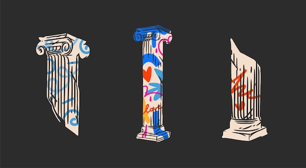 Esquema abstracto vectorial dibujado a mano, escultura antigua griega contemporánea, estatua, línea de columna, dibujo moderno, estatua de arquitectura clásica antigua en concepto de diseño de esquema de estilo graffity de moda