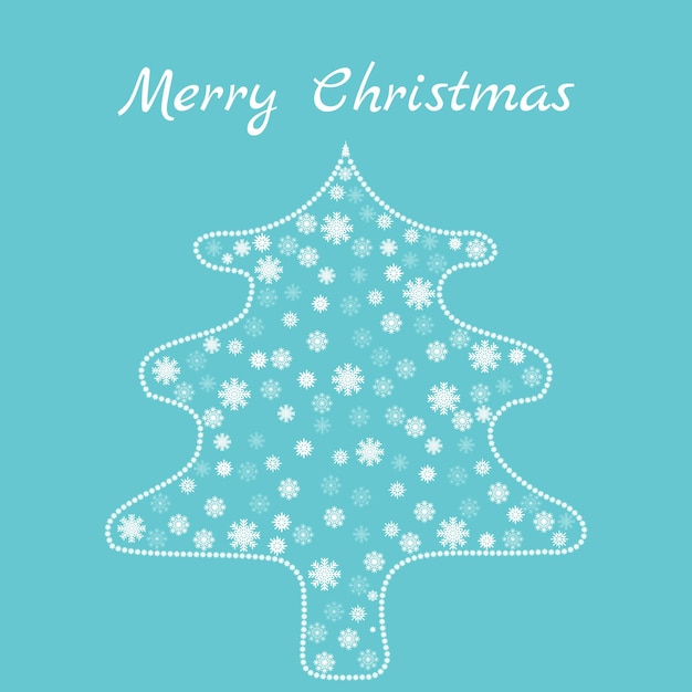 Un esquema de un árbol de Navidad con copos de nieve y la inscripción Feliz Navidad Vector tarjeta de vacaciones