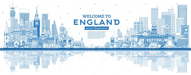 Vector esquema bienvenido al horizonte de la ciudad de inglaterra con edificios azules y reflejos