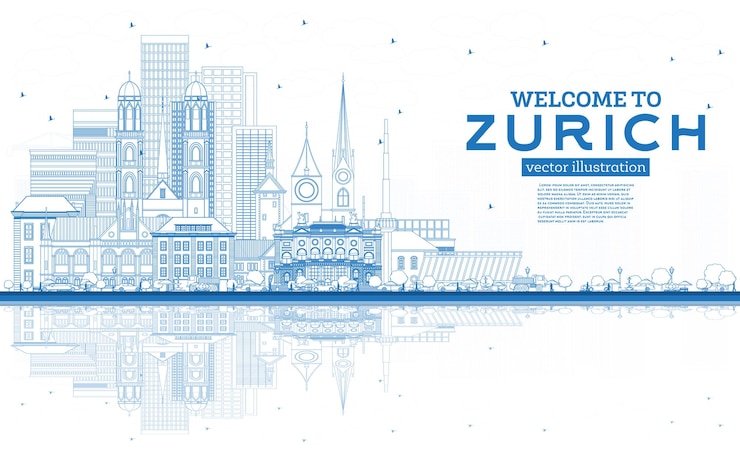 Vector esquema bienvenido al horizonte de zurich suiza con edificios azules y reflejos