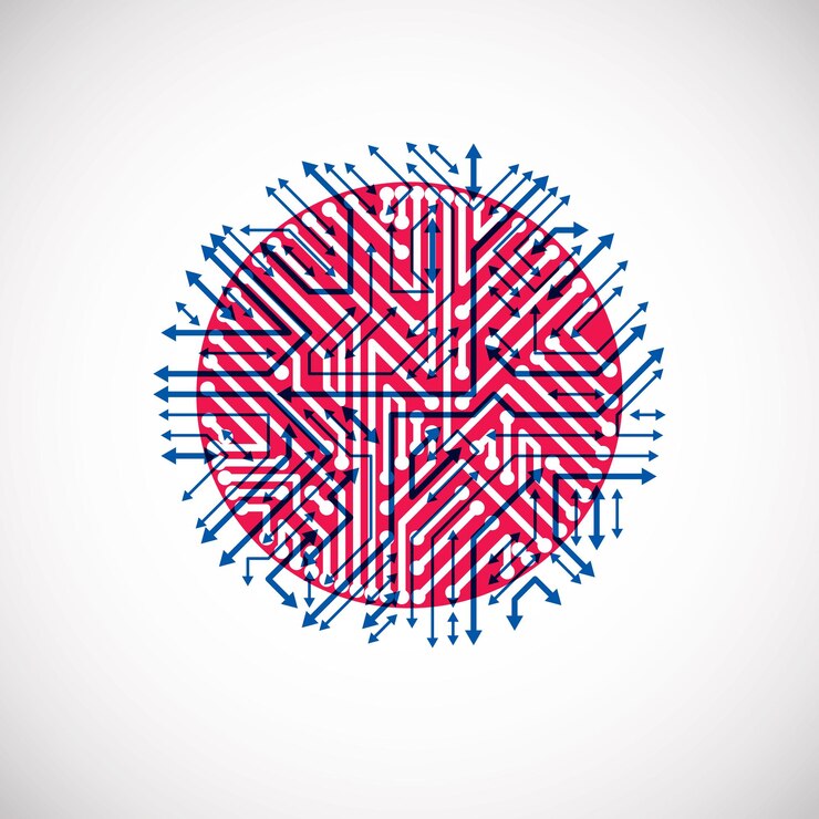 Vector esquema cibernético futurista con flechas multidireccionales, ilustración azul y roja de la placa base vectorial. elemento circular con textura de placa de circuito.