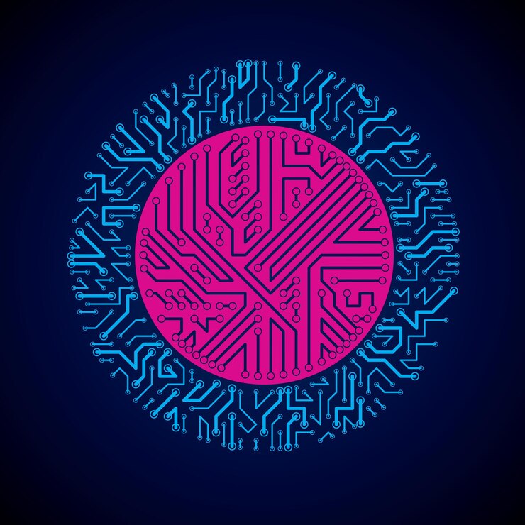 Vector esquema cibernético futurista, ilustración azul de la placa base vectorial con luces de neón. elemento de brillo circular con textura de placa de circuito.