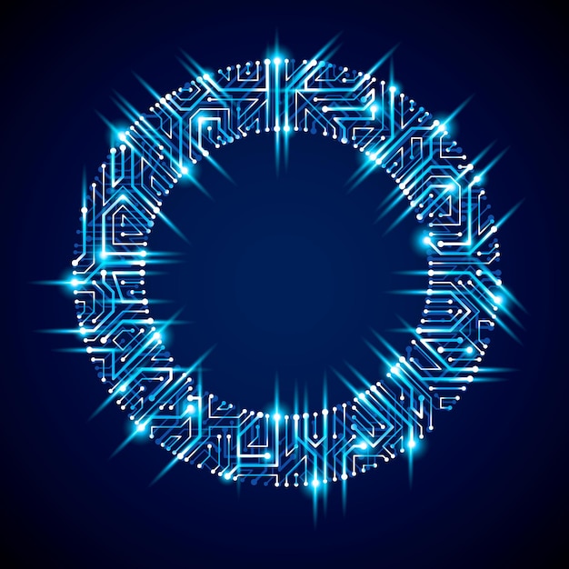 Esquema cibernético futurista, ilustración azul de la placa base vectorial con luces de neón. Elemento de brillo circular con textura de placa de circuito.