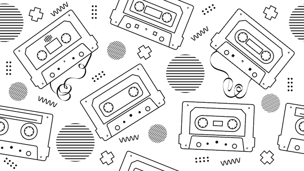 Esquema de cinta de casete retro de los años 70, 80 y 90, sin costuras, en estilo Doodle