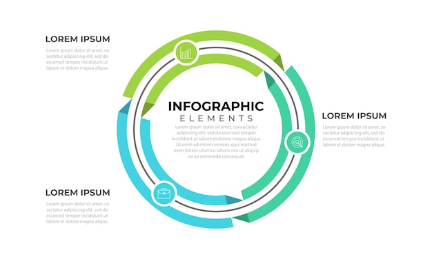 Esquema circular con tres elementos blancos de papel redondo Concepto de proceso de negocio cíclico con 3 etapas Modelo de diseño infográfico mínimo Ilustración vectorial plana moderna para la visualización de datos
