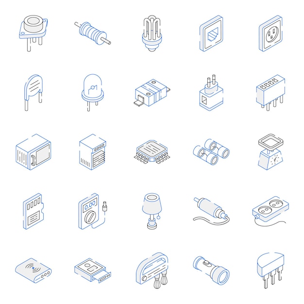 Esquema de componentes electrónicos Iconos isométricos