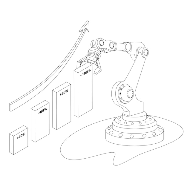 Esquema del concepto isométrico del robot comercial automático con gráfico y flecha hacia arriba aislado en blanco Ilustración vectorial