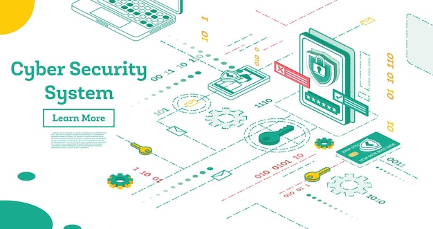 Esquema del concepto de seguridad cibernética. Concepto de protección de datos isométrica. Verificación de tarjetas de crédito y datos de acceso al software como confidenciales.