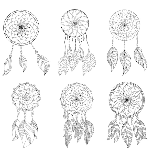 Esquema conjunto de atrapasueños con plumas ornamentadas