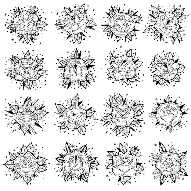 Esquema conjunto de rosas de tatuaje de la vieja escuela