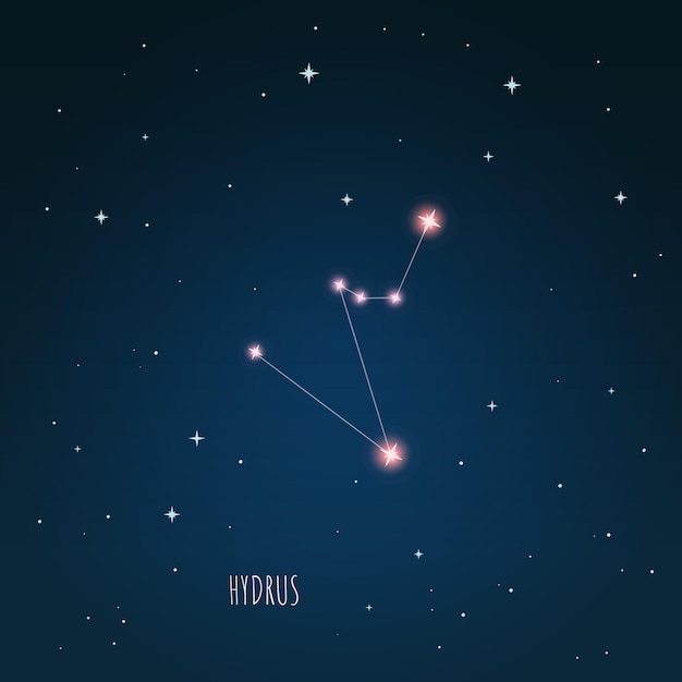 Esquema de constelación Hydrus en cielo estrellado, espacio abierto, constelación a través de un telescopio
