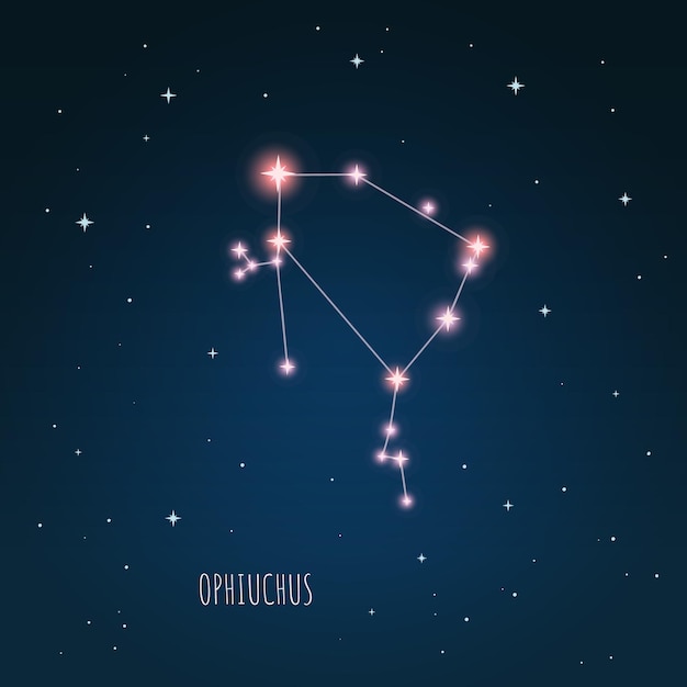 Vector esquema de la constelación ofiuco en el cielo estrellado, espacio abierto, constelación a través de un telescopio