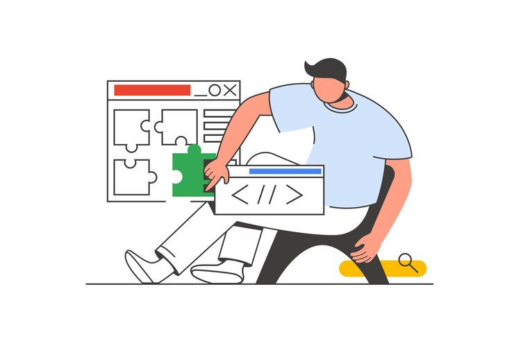 Vector esquema de desarrollo de aplicaciones concepto web con escena de personajes el hombre crea software y programas de construcción situación de las personas en el diseño de línea plana ilustración vectorial para material de marketing en redes sociales