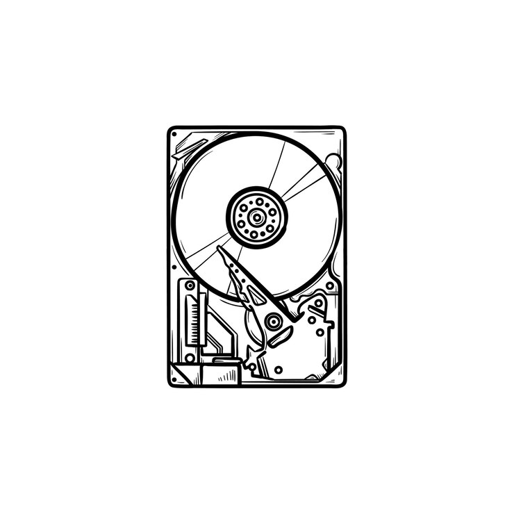 Vector esquema dibujado de la mano de disco duro doodle icono. almacenamiento de datos y hardware, equipo de pc y concepto de dispositivo de memoria