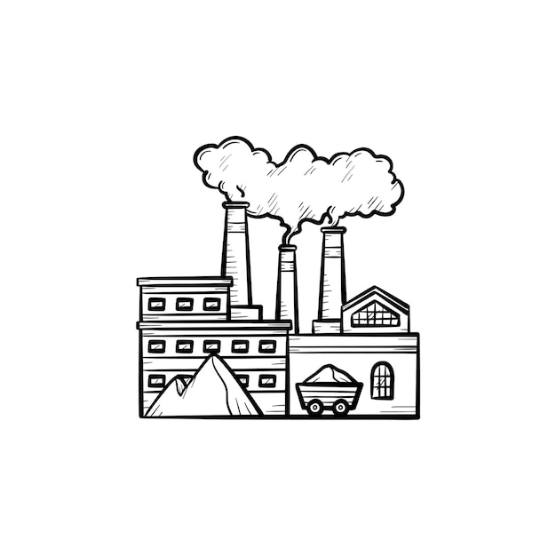 Esquema dibujado a mano de fábrica doodle icono. Concepto de contaminación ecológica. Fábrica de fabricación con tubos de humo ilustración de dibujo vectorial para impresión, web, móvil e infografía aislado sobre fondo blanco.