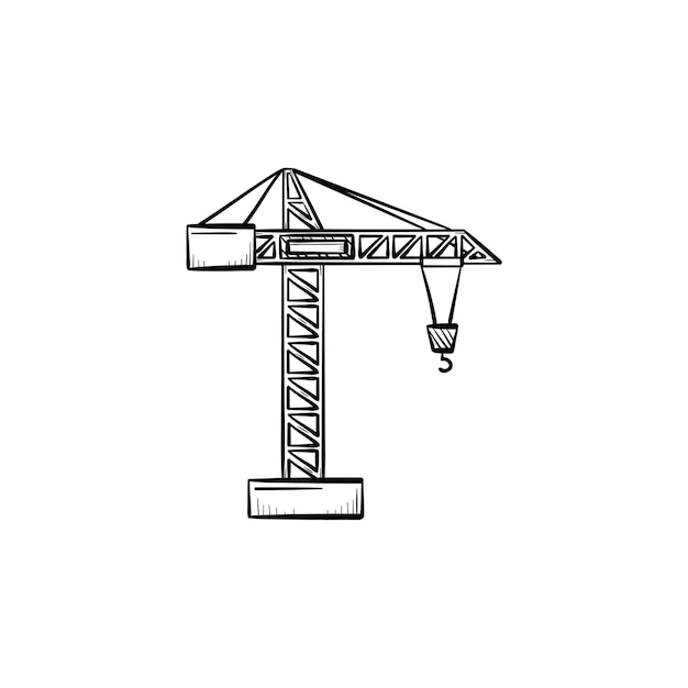 Vector esquema dibujado de la mano de la grúa de construcción doodle icono. ilustración de dibujo de vector de industria pesada con grúa de construcción para impresión, web, móvil e infografía aislado sobre fondo blanco.