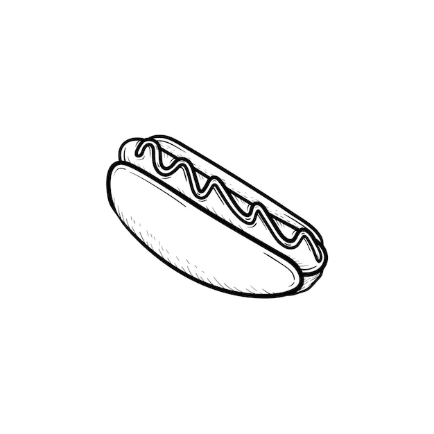 Esquema dibujado de la mano de hotdog doodle icono. Ilustración de dibujo vectorial de pan de hotdog con salchicha para impresión, web, móvil e infografía aislado sobre fondo blanco.