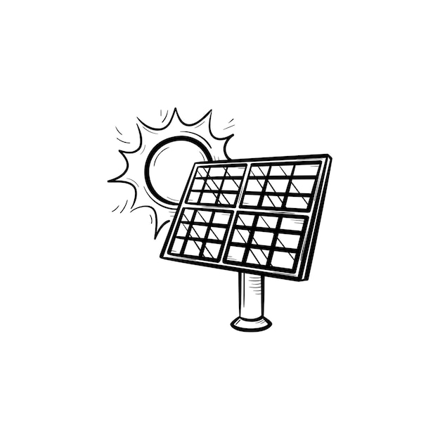 Esquema dibujado de la mano de la industria de la energía solar doodle icono. Icono de esbozo para diseño de ecología y medio ambiente. Ilustración de vector de panel solar para impresión, móvil e infografía aislado sobre fondo blanco.