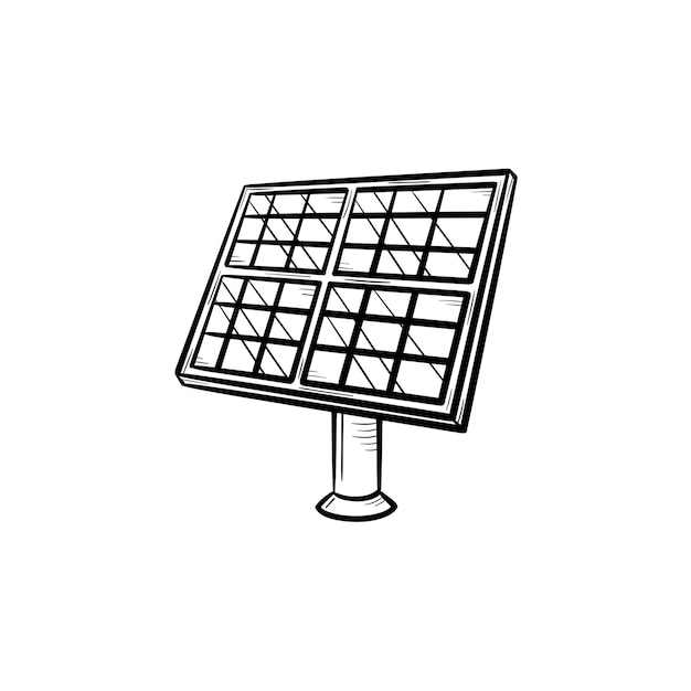 Vector esquema dibujado de la mano de la industria del panel solar doodle icono. equipo para energía renovable - ilustración de dibujo de vector de panel solar para impresión, web, móvil e infografía aislado sobre fondo blanco.