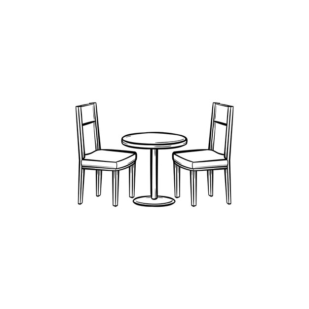 Esquema dibujado a mano de muebles de restaurante doodle icono. Vista lateral de los muebles del restaurante - mesa y sillas ilustración de dibujo vectorial para impresión, móvil e infografía aislado sobre fondo blanco.