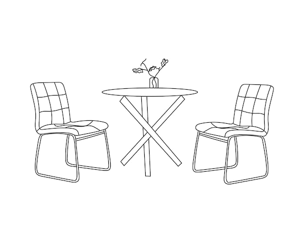 Esquema dibujado a mano de muebles de restaurante rústico con fondo blanco