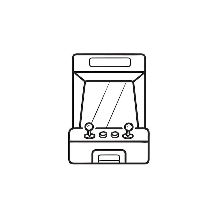 Vector esquema dibujado de la mano de la pantalla de la máquina de juego de arcade doodle icono. máquina de arcade retro, concepto de maquinaria de juego