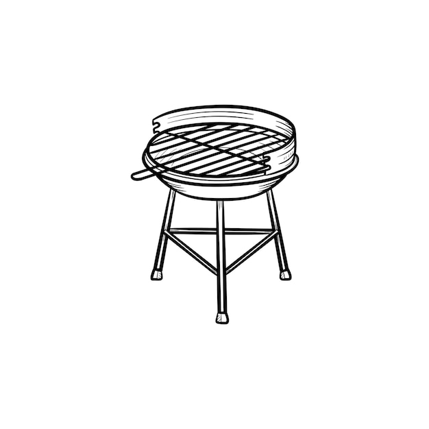 Esquema dibujado a mano de parrilla de carbón doodle icono. Ilustración de dibujo de vector de parrilla de barbacoa de hervidor para impresión, web, móvil e infografía aislado sobre fondo blanco.