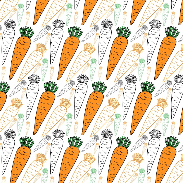 Esquema dibujado a mano de patrones sin fisuras con zanahoria. fondo de comida en blanco y negro
