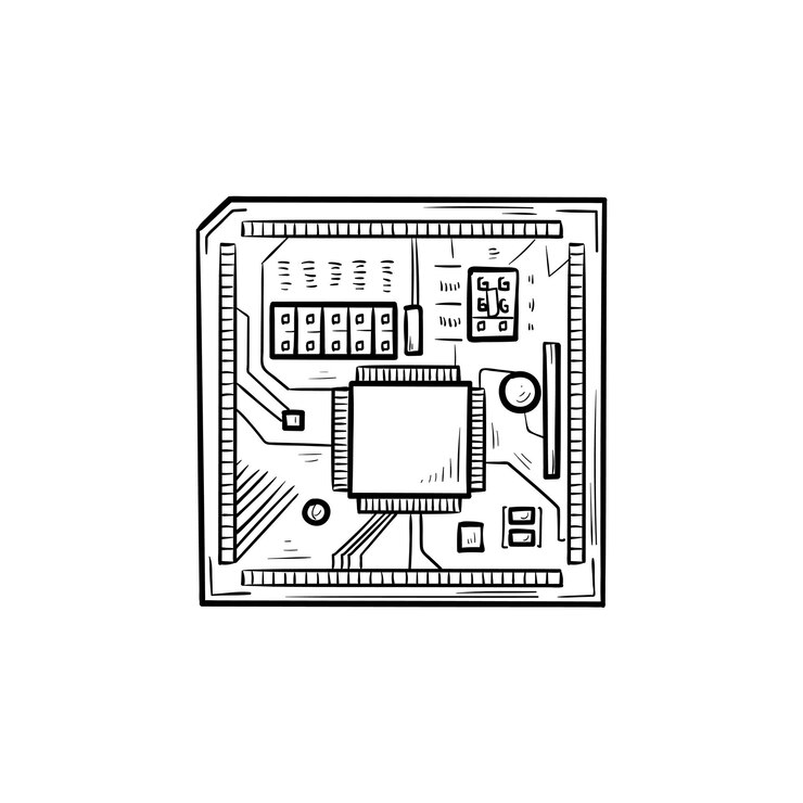 Vector esquema dibujado de la mano de la placa de circuito doodle icono. chip de computadora y procesador, alta tecnología, concepto de hardware. ilustración de dibujo vectorial para impresión, web, móvil e infografía sobre fondo blanco.